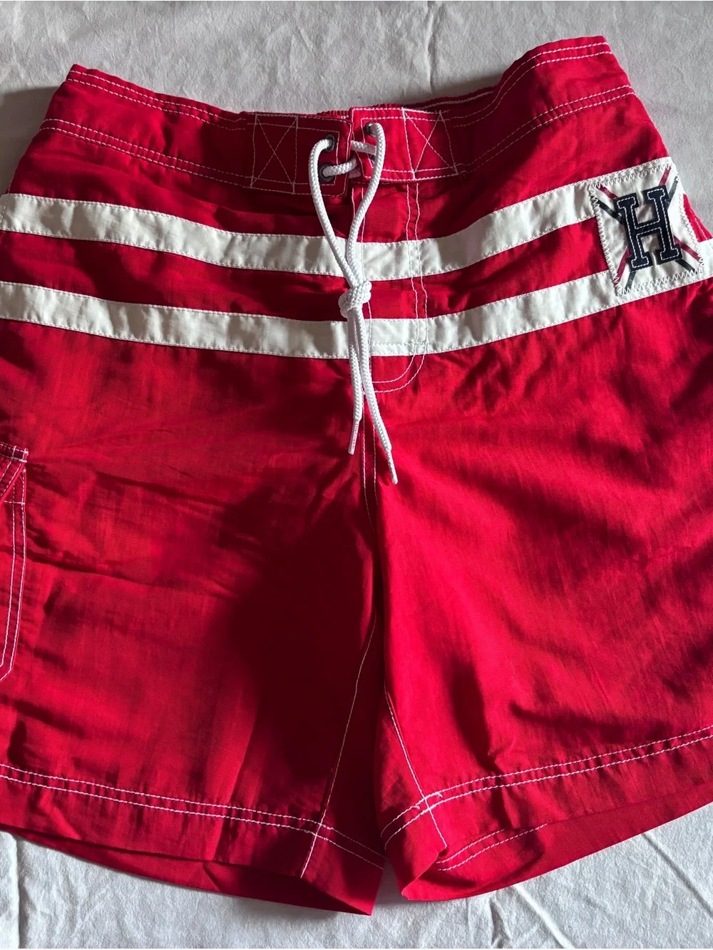 Tommy Hilfiger Mens Swim Shorts Red White Stripes Crest Varsity 2013 Size M